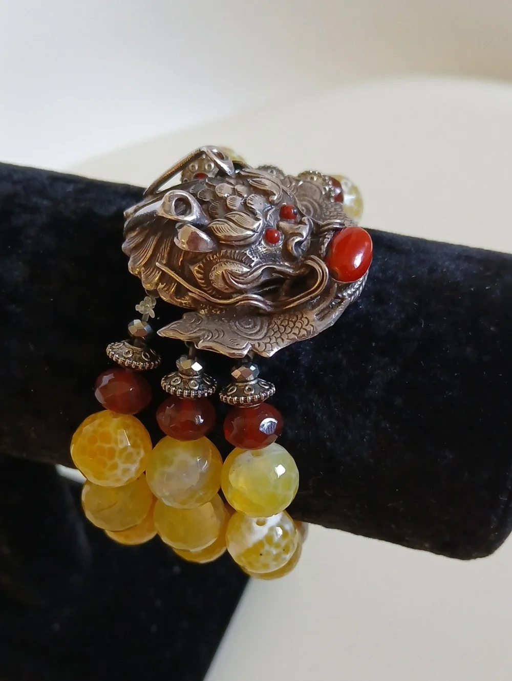 Silver Dragon Motif Yellow and Red Beaded Bracelet Nwt